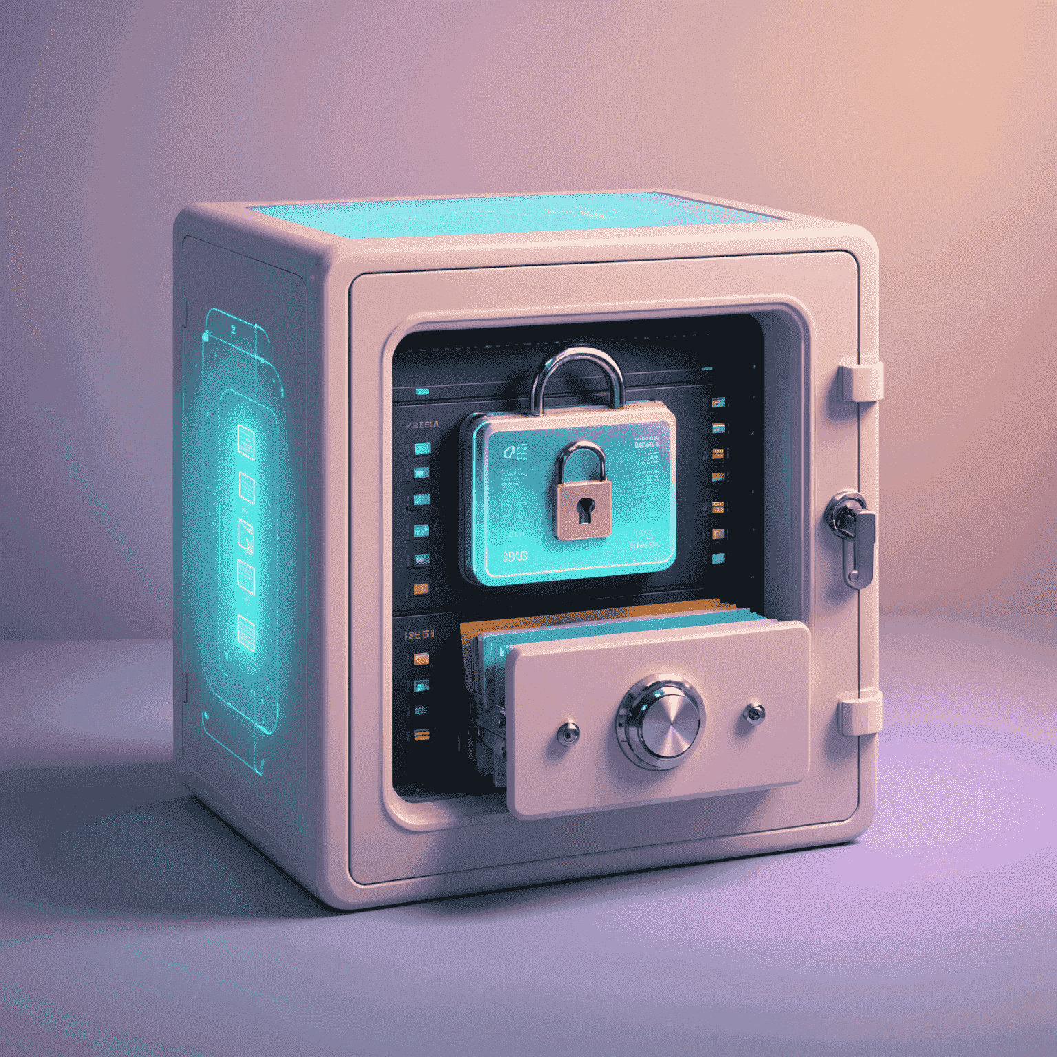 Abstract representation of KeePass services: A digital vault with multiple compartments, each glowing with a soft pastel light, symbolizing different password categories and the security KeePass provides
