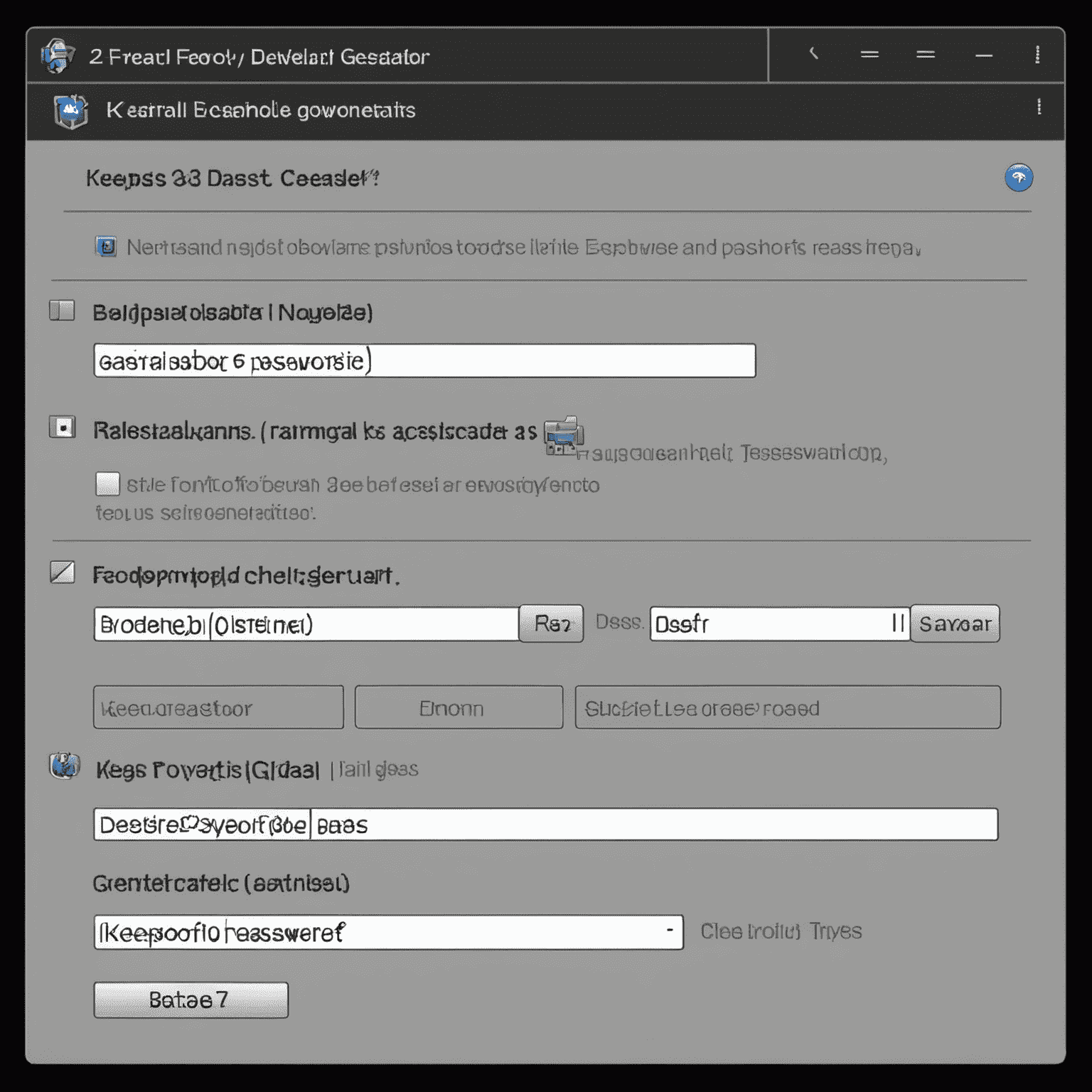 Screenshot of KeePass password generator interface showing options for length, character types, and a generated password example